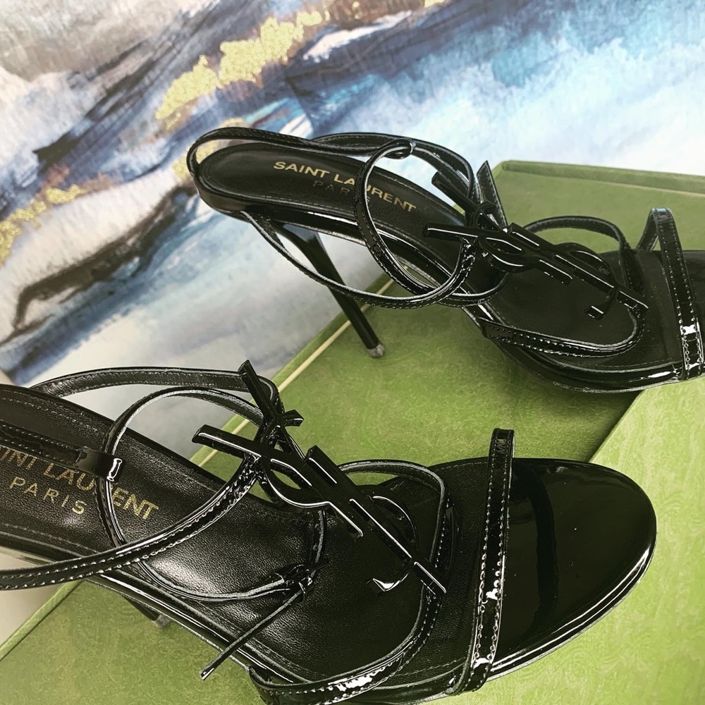 YSL Black Patent Leather Signature Sandal